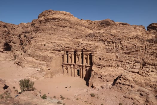 View onto the famous Monastery in Petra from a view point, Jordan 2021