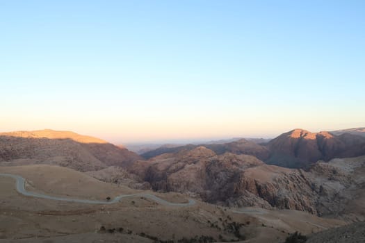 Road leading to the trailhad of the hike through Wadi Ghuweir, Dana, Jordan 2021