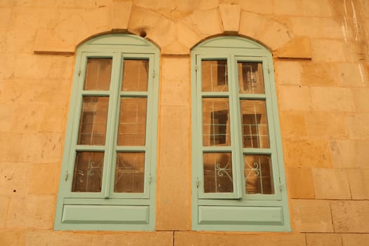 Turquoise, baby blue windows in As-Salt, Salt, Jordan 2021