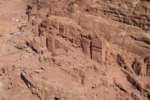 Scenic view from above onto the street of facades, royal tombs, Petra, Jordan 2021