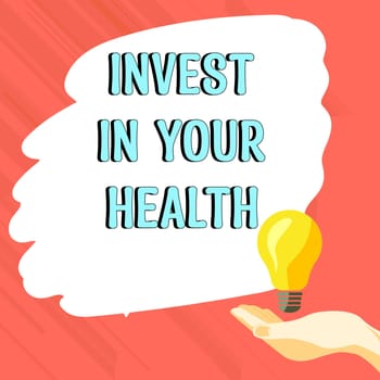 Text caption presenting Invest In Your Health, Business overview Live a Healthy Lifestyle Quality Food for Wellness