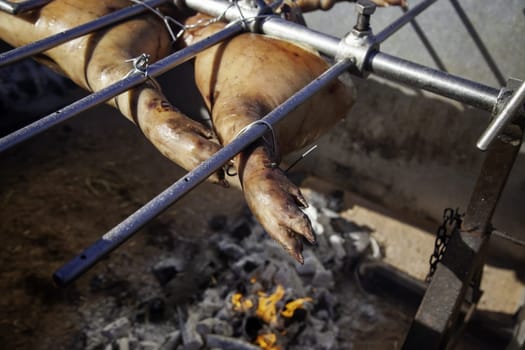 Detail of roast pork in a traditional festival, fatty and unhealthy food