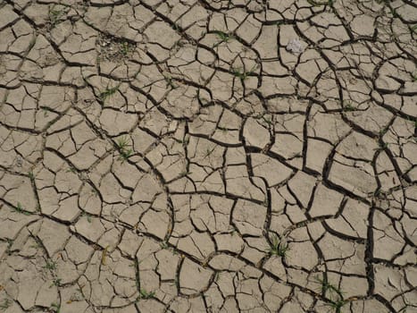 Deep cracks in the land as a symbol of hot climate and drought. Desert and cracked ground. Uneven, swollen ground. Emptiness and death. Ecological and natural theme