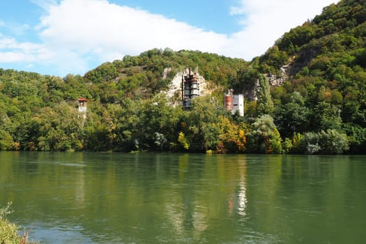 Mali Zvornik, Serbia, September 29, 2022. Cement plant, Brasina mine. Industrial architecture. heavy industry. View from the right bank of the Drina, from Zvornik.