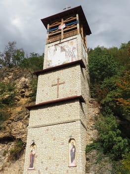 Mali Zvornik, Serbia, September 29, 2022 The Church of the Holy Cross, or Mali Ostrog, a place of worship in the rock was carved in a cave. The temple is in the shape of a cross, buried in the ground