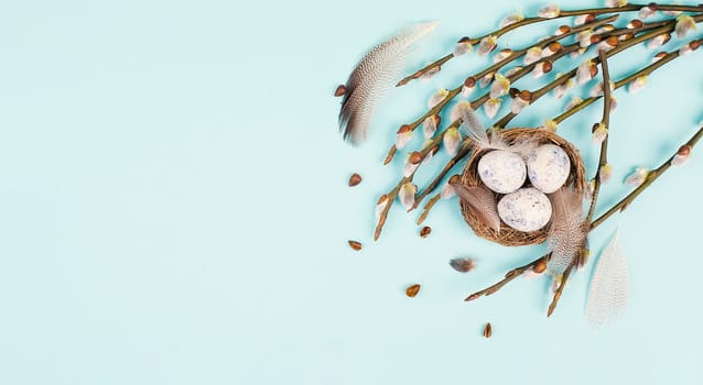 Easter eggs with willow branches and bird feathers, holiday greeting card, spring season background