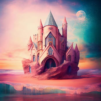 Fairytale dreamlike castle in pastel colors, magical and mystical medieval kingdom, generative AI