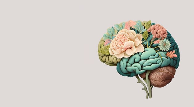 Human brain with flowers, self care and mental health concept, positive attidude , creative mind, generative AI