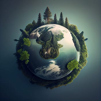 Planet earth with forest and ocean, environment concept, connect and protect to nature, global world, generative AI