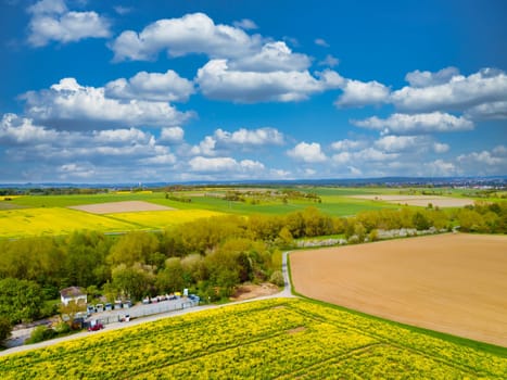 Drone shot from german landscape with meadows in Hesse.
