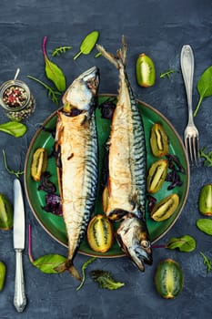 Two delicious scomber fish baked with kiwi pieces.