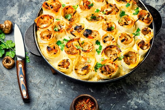 Vegetables baked with cheese in pita bread. Casserole