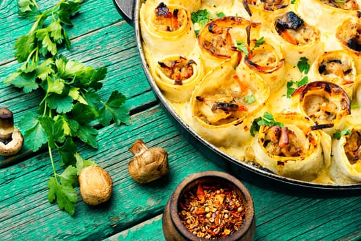 Vegetables baked with cheese in pita bread. Casserole