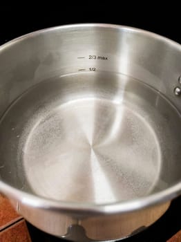 Stainless Steel Pressure Cooker at work. Liquid level markings