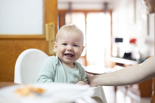 Adorable cheerful happy infant baby boy child smiling while sitting in high chair at dining table in kitchen at home beeing spoon fed by his mother.