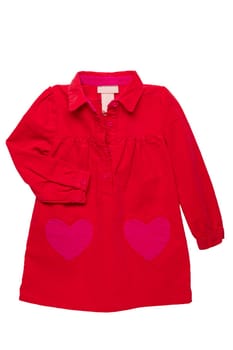 Summer dress isolated. A beautiful red girl's dress with attached heart shaped pockets and long sleeves isolated on white. Kids spring and autumn fashion.