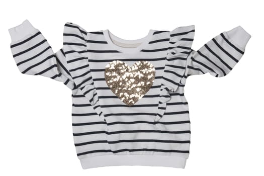 Spring children clothes. Close-up of a stylish beautiful black and white striped little girl sweater or pullover with a heart isolated on a white background. Clipping path. Kids winter or autumn fashion.