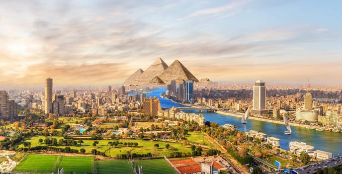 Skyline panorama of Cairo on the way to the Great Pyramids, Egypt.