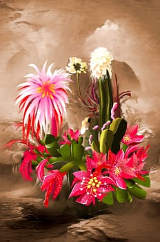 Blooming cacti and succulents on an abstract background of stones. Flowering plants in the Mexican desert. Illustration.