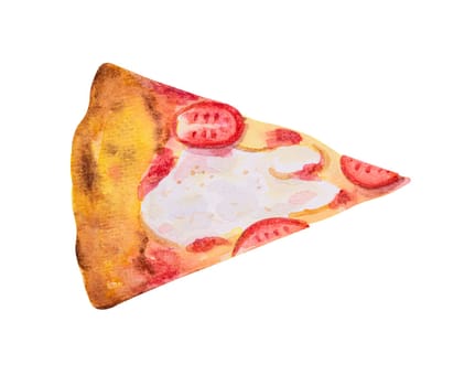 Slice of pizza margherita. Watercolor hand drawn illustration isolated on white background.