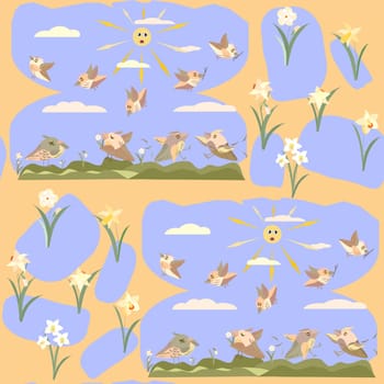seamless pattern playful birds and spring flowers daffodils no background
