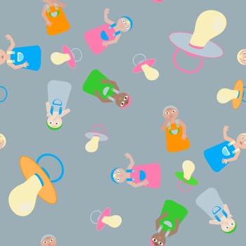 seamless pattern without a background with babies in bright children s clothes and pacifiers