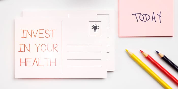 Conceptual display Invest In Your Health, Business overview Live a Healthy Lifestyle Quality Food for Wellness