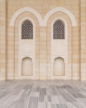Two adjacent arched niches with modern architectural design at the courtyard of Camlica Mosque, Istanbul, Turkey