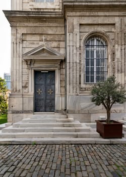 Side entrance of Aya Triada Rum Ortodoks Kilisesi, or Aya Triada Greek Orthodox Church, located in Beyoglu district, near Taksim Square, Istanbul, Turkey