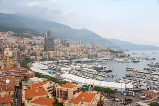 Aerial View on Fontvieille and Monaco Harbor with Luxury Yachts, French Riviera