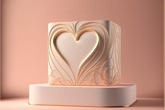 3D pastel pink podium display with heart shape decoration. Powder Pink studio product promotion background.