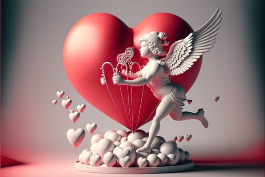 3D-illustration cupid with heart shape balloon and doves.