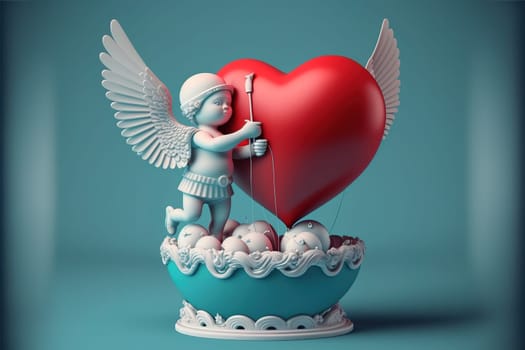 3D-illustration cupid with heart shape balloon and doves.