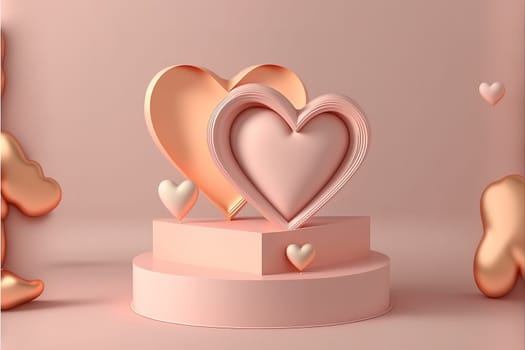 3D pastel pink podium display with heart shape decoration. Powder Pink studio product promotion background.