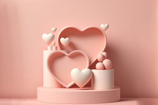 3D pastel pink podium display with heart shape decoration. Powder Pink studio product promotion background.