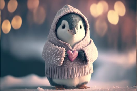 A cute, little, baby penguin in warm winter clothes, symbol of love.