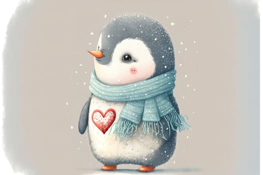 A cute, little, baby penguin in warm winter clothes, symbol of love.