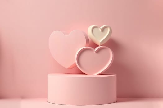 3D pastel pink podium display with heart shape decoration. Powder Pink studio product promotion background.