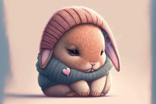 A cute, little, baby rabbit in warm winter clothes, symbol of love.