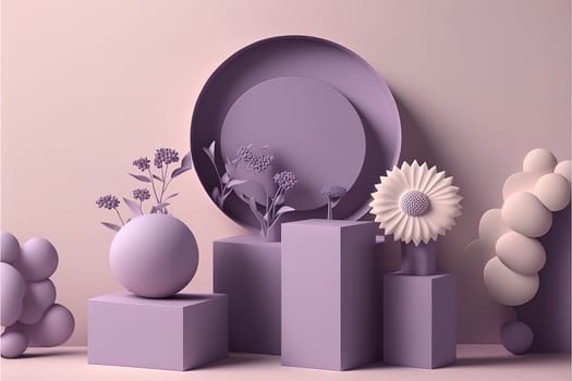 3D rendering flower background purple, Violet color with geometric shape podium for product display.