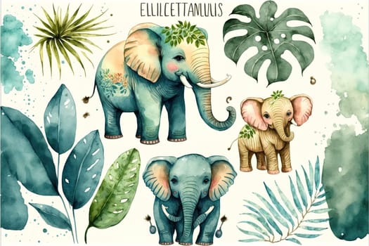Cute elephants, tropical cute animals. Watercolor set.
