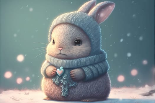 A cute, little, baby rabbit in warm winter clothes, symbol of love.