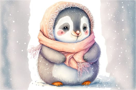 A cute, little, baby penguin in warm winter clothes, symbol of love.