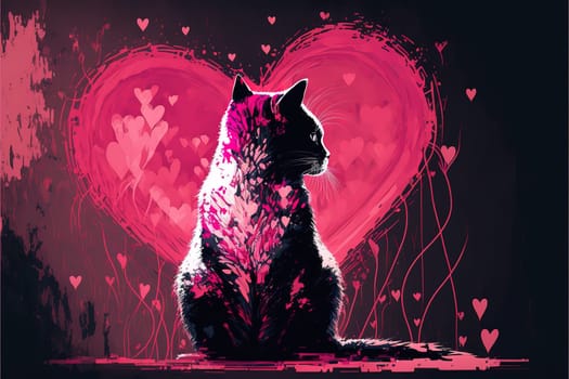 Amazing Abstract artwork of the single cat sitting in the lovely background full of pink hearts.