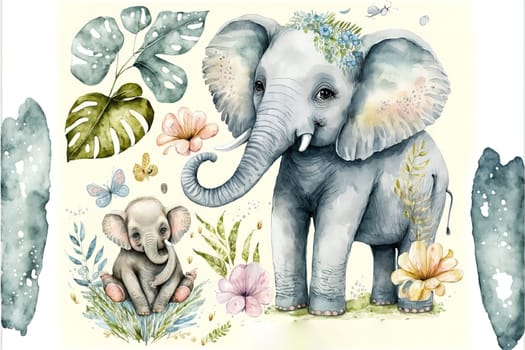 Cute elephants, tropical cute animals. Watercolor set.
