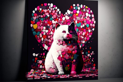 Amazing Abstract artwork of the single cat sitting in the lovely background full of pink hearts.