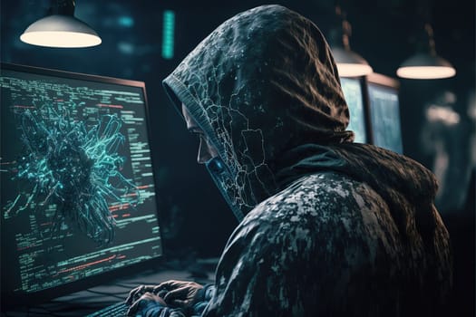 Cyber security concept. Man using computer with system hacked alert due to cyber attack on computer network.