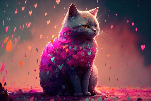 Amazing Abstract artwork of the single cat sitting in the lovely background full of pink hearts.