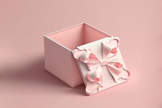 Blank open gift box or present box with pink ribbon bow isolated on pink pastel color background.
