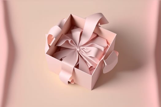 Blank open gift box or present box with pink ribbon bow isolated on pink pastel color background.